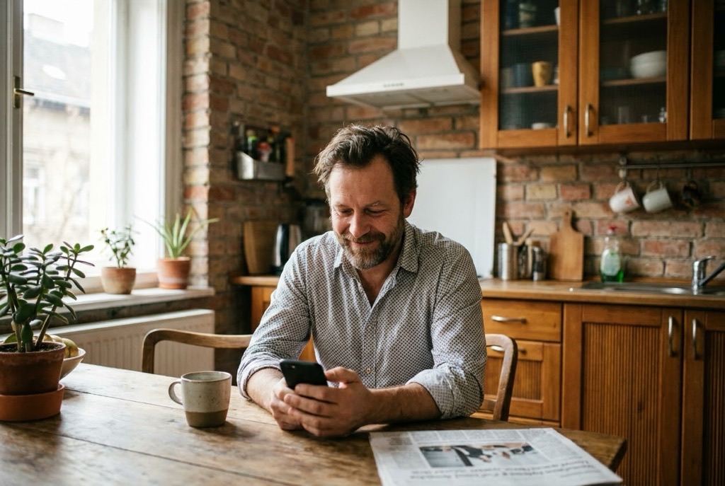 A landlord with morning coffee using the RentTab app