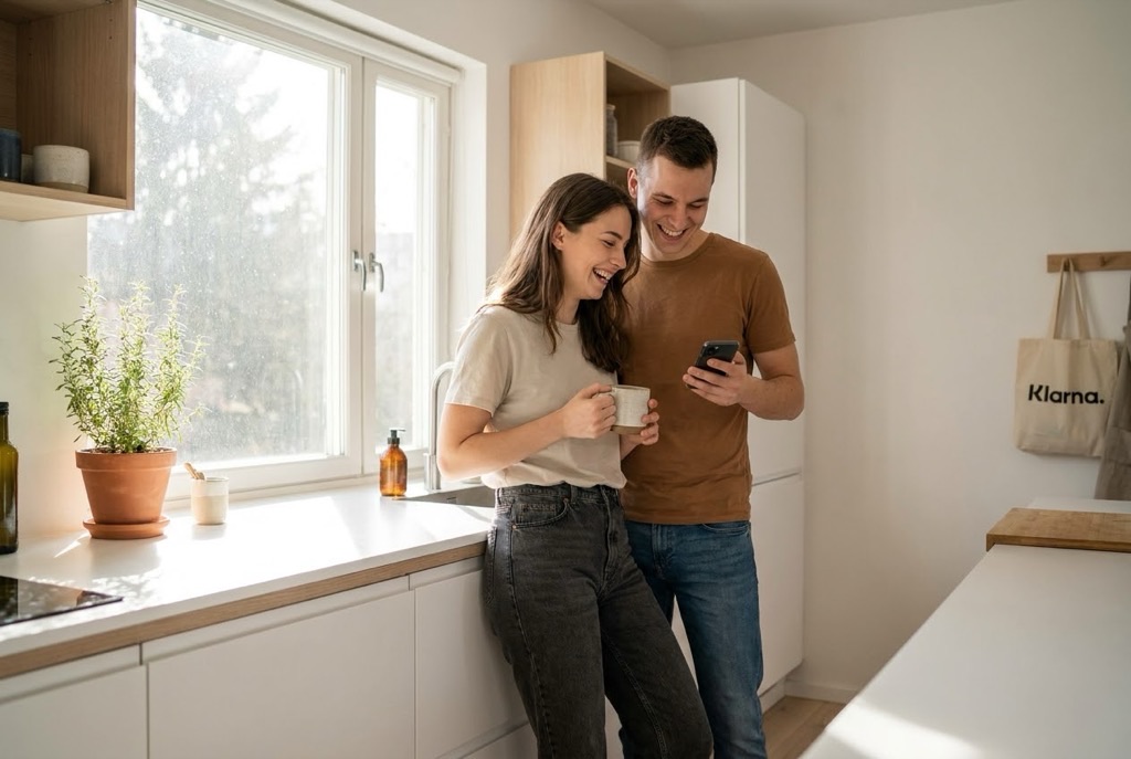 A young couple using the RentTab app in their kitchen